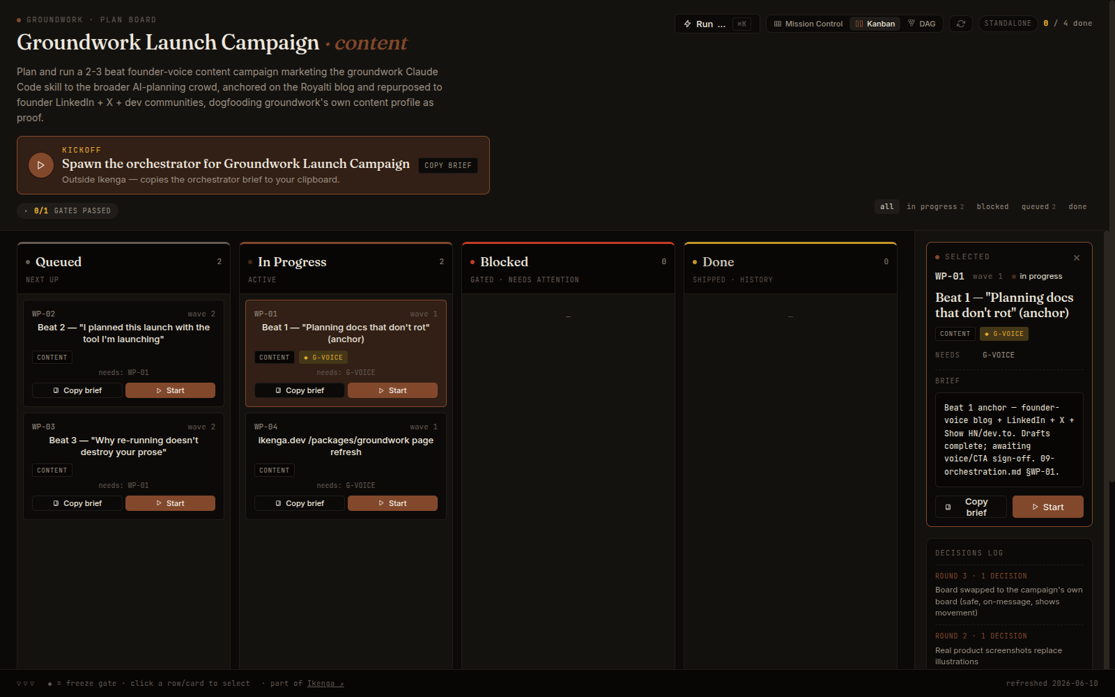 The plan board, Kanban view — status columns with a selected work-package brief