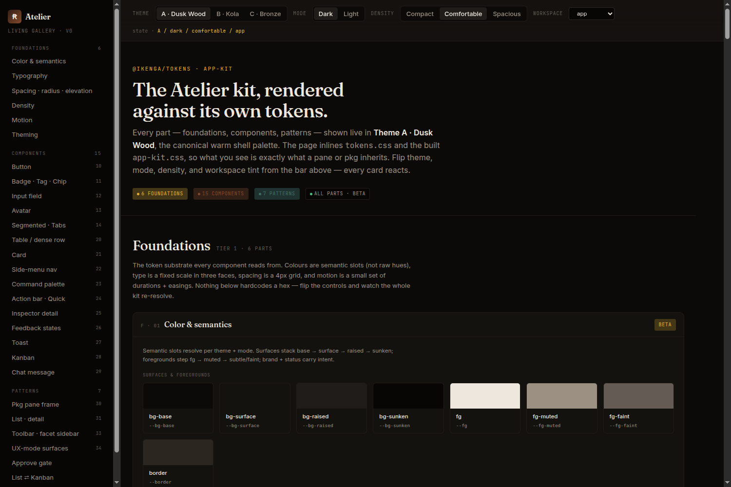 A design-system profile's living gallery — foundations and components rendered against their own tokens