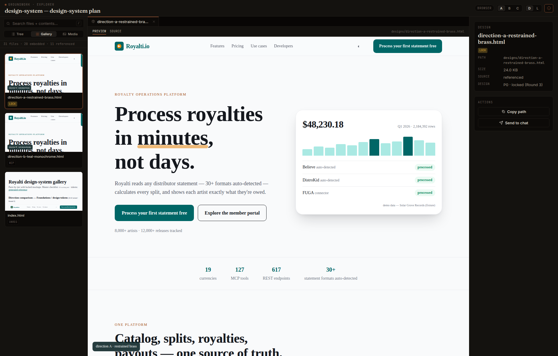 The design-system profile's explorer in gallery mode with a design selected — a locked homepage direction previewing live in the viewer