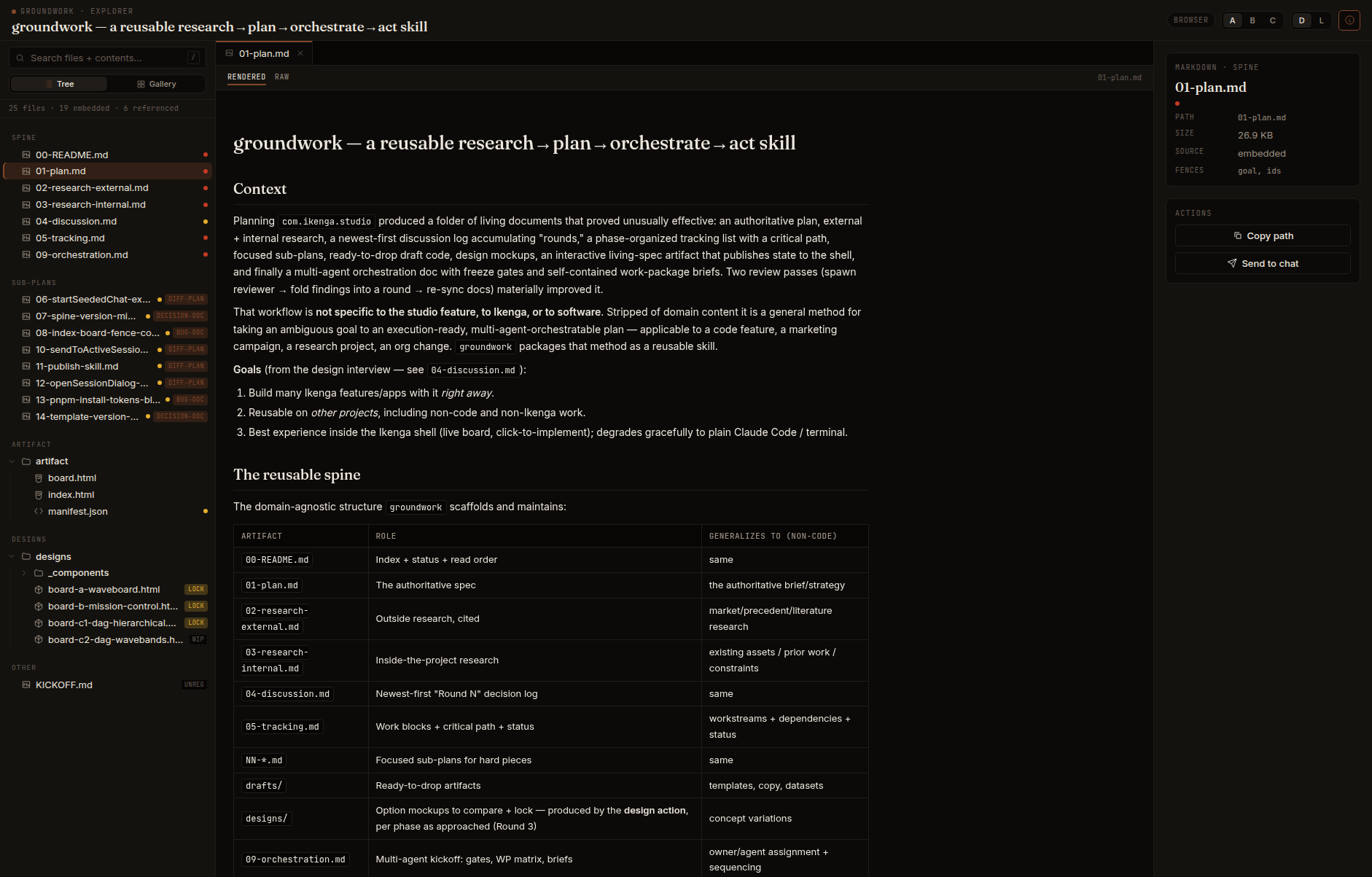 A markdown file rendered inline in the explorer — Rendered/Raw toggle, metadata rail with the file's fences and IDs on the right