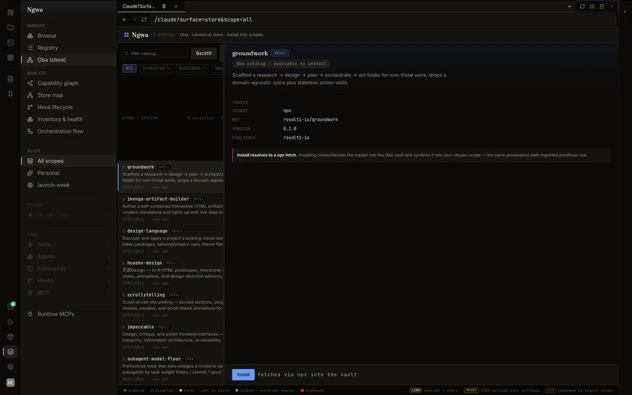 Screenshot of the Ikenga Ọba store — a catalog of skills with 'groundwork' selected, its detail panel showing source npx, ref royalti-io/groundwork, version 0.1.0, and an Install button.