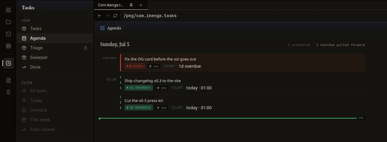 The Tasks pane running inside the Ikenga shell — grouped task list with a filter bar and a detail pane.