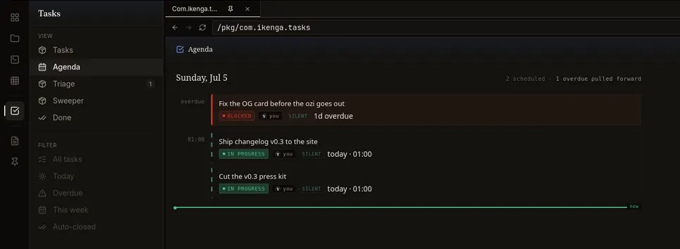 Screenshot of the Ikenga Tasks Agenda for Sunday, July 5 — an overdue 'Fix the OG card' task pulled forward, then two in-progress launch tasks, above a green now-line.